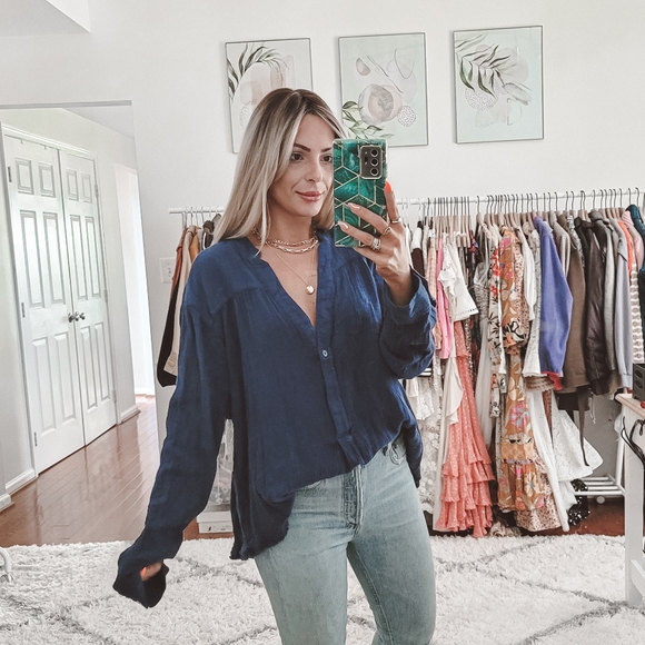 Free people navy blue cotton v neck long sleeve oversized top NWT - Picture 5 of 11
